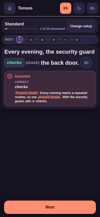 A mobile English Tune-Up tense practice card